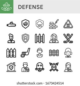 Set of defense icons. Such as Ice hockey, Submarine, Shield, Brickwall, Fence, Wushu, Fences, Lawyer, Hockey stick, Basketball player, Judge, Gas mask , defense icons