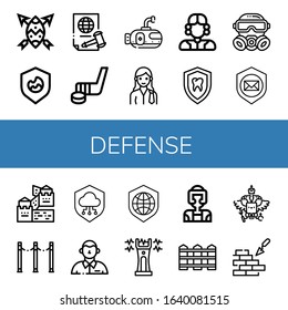 Set of defense icons. Such as Shield, Justice, Hockey stick, Submarine, Lawyer, Judge, Gas mask, Great wall of china, Fence, Defendant, Stun gun, Taekwondo, Coat of arms , defense icons