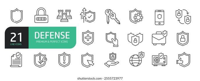 Set of Defense Line Icons. Contains icons as Security, Privacy, Shield, Protection, Coat of Arms.