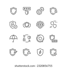 Set von verteidigungsbezogenen Symbolen, Garantie, Computersicherheit, Schild, Regenschirm, Schutz und Linearvarianten.