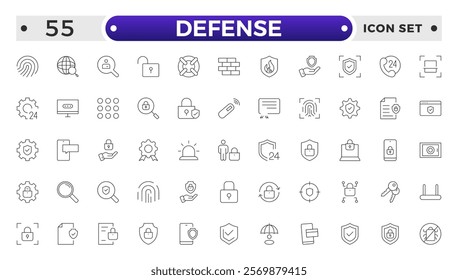 Set of Defense and security web icons in line style. Guard, cyber security, password, smart home, safety, data protection, key, shield, lock, unlock, eye access. Security outline icon set.
