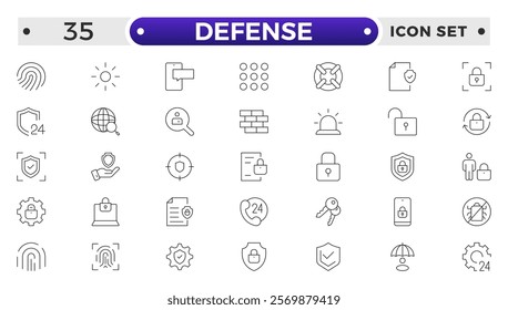 Set of Defense and security web icons in line style. Guard, cyber security, password, smart home, safety, data protection, key, shield, lock, unlock, eye access. Security outline icon set.
