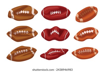 Set von deflated American Football Set Sammlung, Fußball teilweise deflatiert mit dem Ventilschaft noch eingefügt, isoliert auf weißem Hintergrund, Spiel über lose Sport Konzept, Vektor-Illustration.