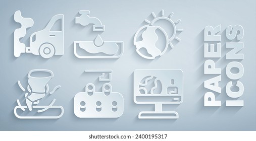 Set Deforestation, Global warming, Tornado, Weather forecast, Water problem and Car exhaust icon. Vector