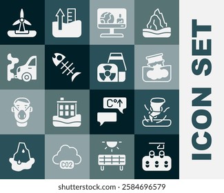 Set Deforestation, Tornado, Barrel oil leak, Weather forecast, Dead fish, Car exhaust, Wind turbine and Nuclear power plant icon. Vector