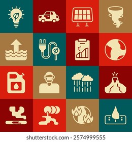 Set Deforestation, Volcano eruption with lava, Earth globe, Solar energy panel, Electric saving plug in leaf, Rise water level, Light bulb and Global warming icon. Vector