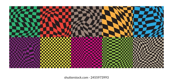 Set of deformated checkered backgrounds. Groovy psychedelic patterns with colorful warped squares. Preppy layouts with optical illusions in retro 60s 70s 80s 90s y2k style. Vector flat illustration.