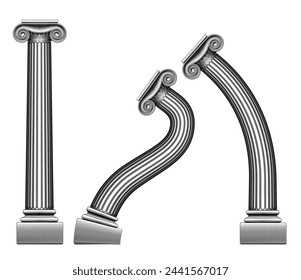 A set of deformed antique columns in black and white antique engraving style isolated on a white background. Vector illustration