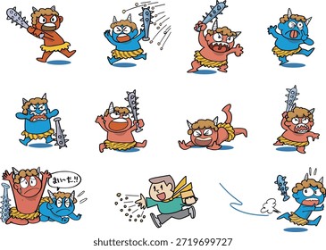Un conjunto de ilustraciones deformes de demonios rojos y azules.