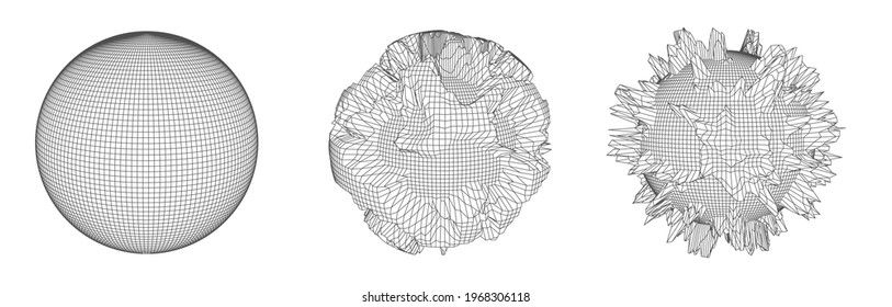 Set of  deformed spheres. Abstract polygonal forms. Destruction effect.  Vector illustration