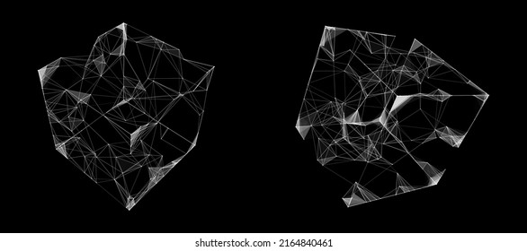 Set of deformed wireframe cube from different sides. Vector abstract geometric 3D objects. Technology block chain network connection. Big data visualization.