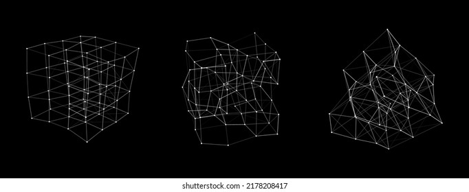 Set of deformed wireframe cube from different sides. Vector abstract geometric 3D objects. Technology block chain network connection. Big data visualization.