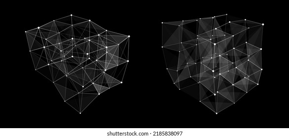 Set of deformed wireframe cube from different sides. Vector abstract geometric 3D objects. Technology block chain network connection. Big data visualization.