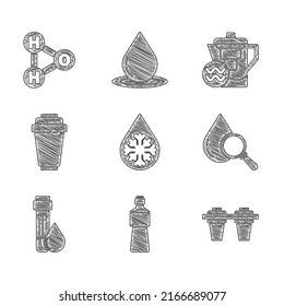 Set Defrosting, Bottle of water, Water filter, Drop and magnifying glass, Test tube with drop, cartridge, jug and Chemical formula for H2O icon. Vector