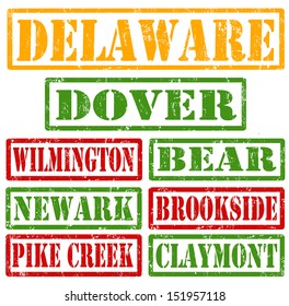 Set of Delaware cities stamps on white background, vector illustration