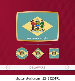 Set of Delaware flags with gold frame for use at sporting events on a burgundy abstract background. Vector collection of flags.