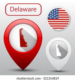 Set of Delaware state with flag of America and map pointer