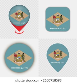 Conjunto de ícones de sinalizadores do estado de Delaware e pinos do mapa.