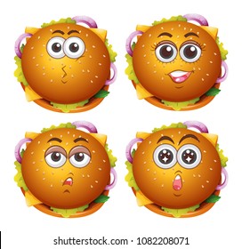 Un conjunto de hamburguesas delicadas con ilustración de expresión facial