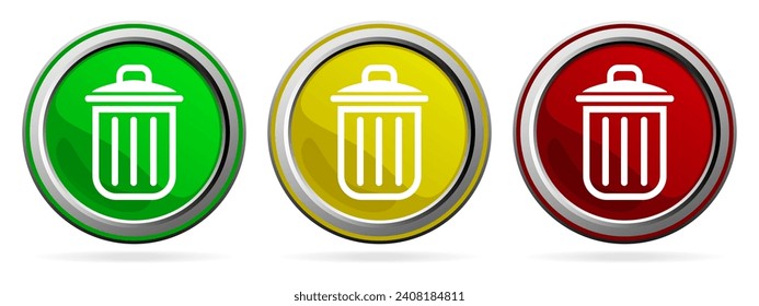 Set of Delete button symbol icon vector. Red, Green and Yellow silver metallic web buttons. isolated on a white background. 