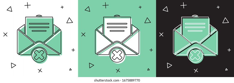 Set Delete envelope icon isolated on white and green, black background. Delete or error letter. Cross on message. Rejected mail.  Vector Illustration