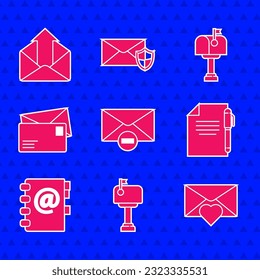 Set Delete envelope, Mail box, Envelope with Valentine heart, Document and pen, Address book,  and Outgoing mail icon. Vector