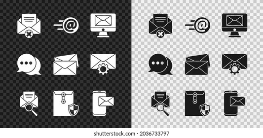 Set Delete envelope, Mail and e-mail, Monitor, Envelope with magnifying glass, shield, Mobile, Speech bubble chat and  icon. Vector