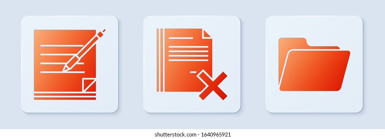 Set Delete file document, Blank notebook and pen and Document folder. White square button. Vector