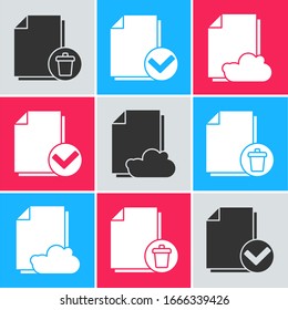 Set Delete file document, Document and check mark and Cloud storage text document icon. Vector