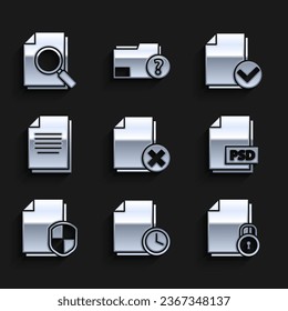 Set Delete file document, Document with clock, and, PSD, protection concept, check mark and search icon. Vector