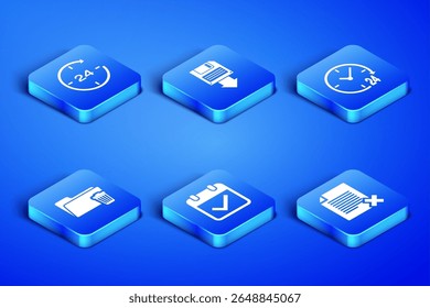 Set Delete file document, Clock 24 hours, Calendar with check mark, folder, Floppy disk backup and  icon. Vector