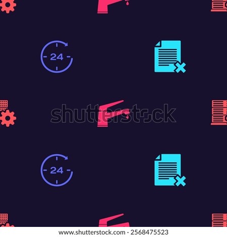 Set Delete file document, Clock 24 hours, Water tap and Server setting on seamless pattern. Vector