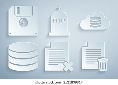 Set Delete file document, Cloud database, Database, , Tombstone with RIP written and Floppy disk icon. Vector