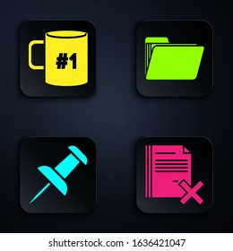 Set Delete file document, Coffee cup flat, Push pin and Document folder. Black square button. Vector