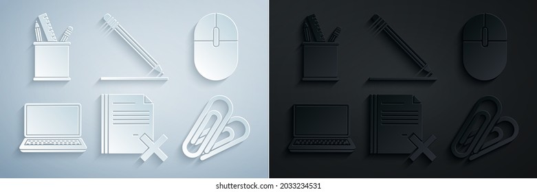 Set Delete file document, Computer mouse, Laptop, Paper clip, Pencil with eraser and line and case stationery icon. Vector