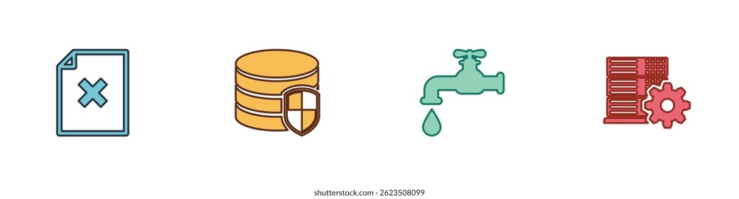 Set Delete file document, Database protection, Water tap and Server setting icon. Vector