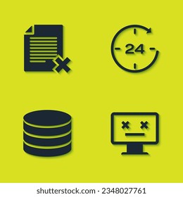 Set Delete file document, Dead monitor, Database and Clock 24 hours icon. Vector