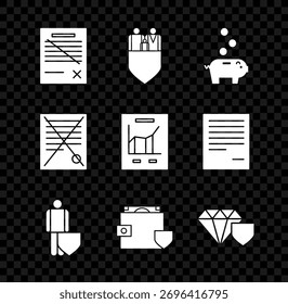 Establezca el documento del archivo del Borrar, seguro familiar con escudo, moneda de la hucha, vida, cartera y dinero, diamante e ícono de gráfico de documentos. Vector