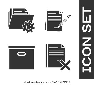 Set Delete file document, Folder settings with gears, Carton cardboard box and Blank notebook and pencil with eraser icon. Vector