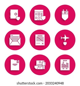 Set Delete file document, Medical clipboard with clinical record, Document graph chart, Plane shield, Personal folder, Mail and e-mail, Family insurance and Safe icon. Vector