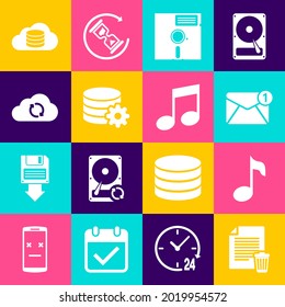 Set Delete file document, Music note, tone, New, email incoming message, Floppy disk the 5.25-inch, Setting database server and Cloud sync refresh icon. Vector
