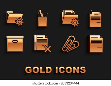 Set Delete file document, File and paper clip, Paper, Carton cardboard box, Folder settings with gears,  and Pencil case stationery icon. Vector