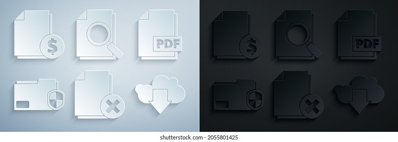 Set Delete File Document, PDF, Document Folder Protection, Cloud Download, With Search And Finance Icon. Vector