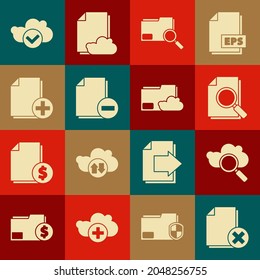 Set Delete file document, Search cloud computing, Document with search, concept folder, minus, Add new, Cloud check mark and storage text icon. Vector