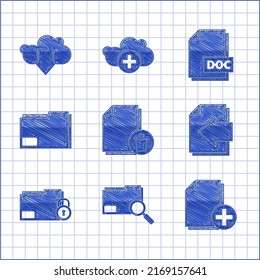 Set Delete file document, Search concept with folder, Add new, Next page arrow, Folder and lock, Document, DOC and Cloud download icon. Vector