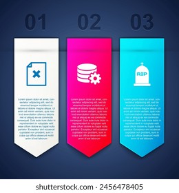 Set Delete file document, Setting database server and Tombstone with RIP written. Business infographic template. Vector