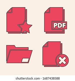 Set Delete file document, Document with star, PDF file document and Document folder icon. Vector