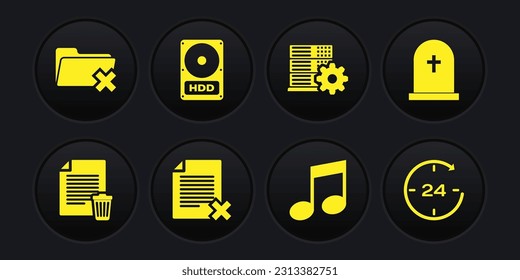 Set Delete file document, Tombstone with cross, , Music note,, Server setting and Hard disk drive HDD icon. Vector