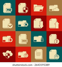 Set Delete file document, Unknown, Upload, Document folder, and check mark, PSD and with download icon. Vector
