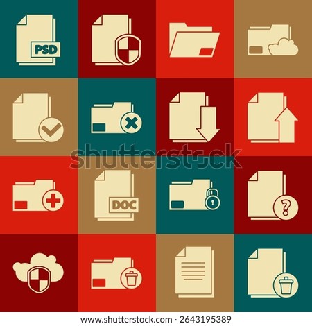 Set Delete file document, Unknown, Upload, Document folder, and check mark, PSD and with download icon. Vector
